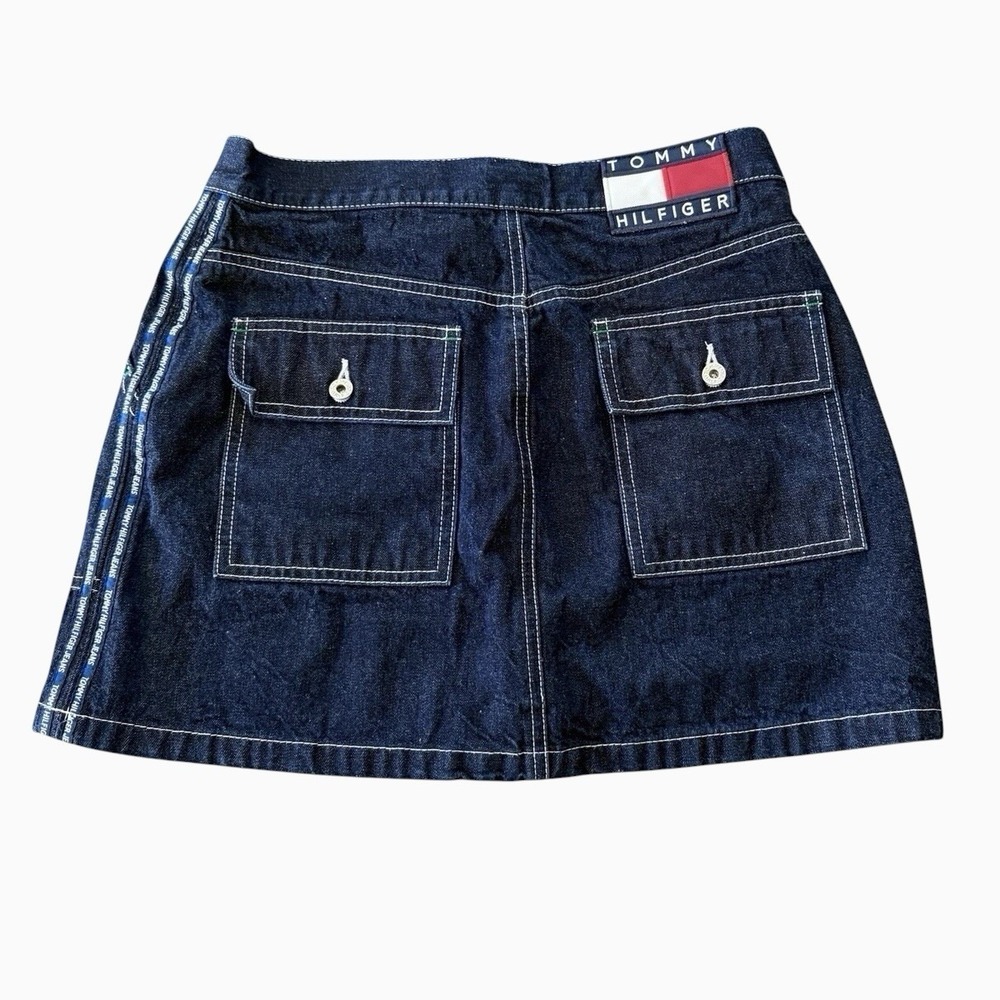 Vintage 90s Tommy Hilfiger Denim Jean Skirt Flag Logo Spellout Tape Size 9 USA